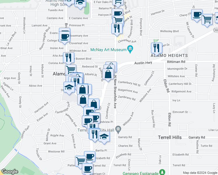 map of restaurants, bars, coffee shops, grocery stores, and more near 216 Routt Street in San Antonio