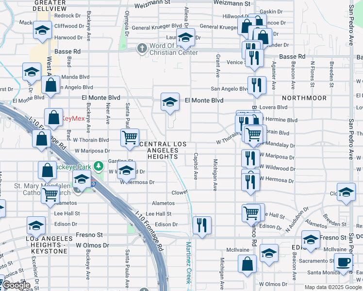 map of restaurants, bars, coffee shops, grocery stores, and more near 1119 West Mariposa Drive in San Antonio