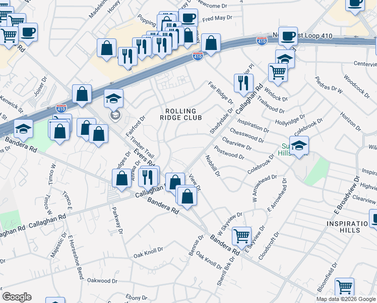 map of restaurants, bars, coffee shops, grocery stores, and more near 5025 Concord Ridge in San Antonio