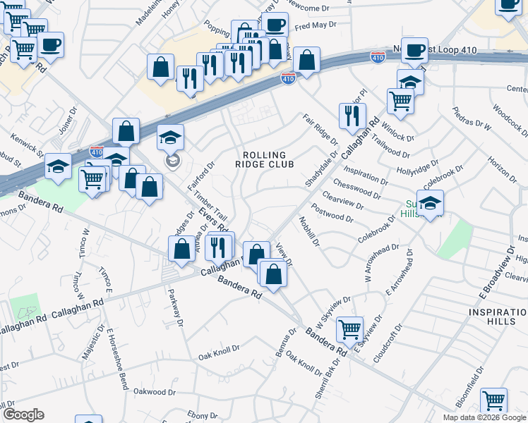 map of restaurants, bars, coffee shops, grocery stores, and more near 5025 Concord Ridge in San Antonio