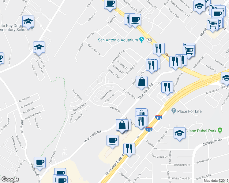 map of restaurants, bars, coffee shops, grocery stores, and more near 5025 Stowers Boulevard in San Antonio