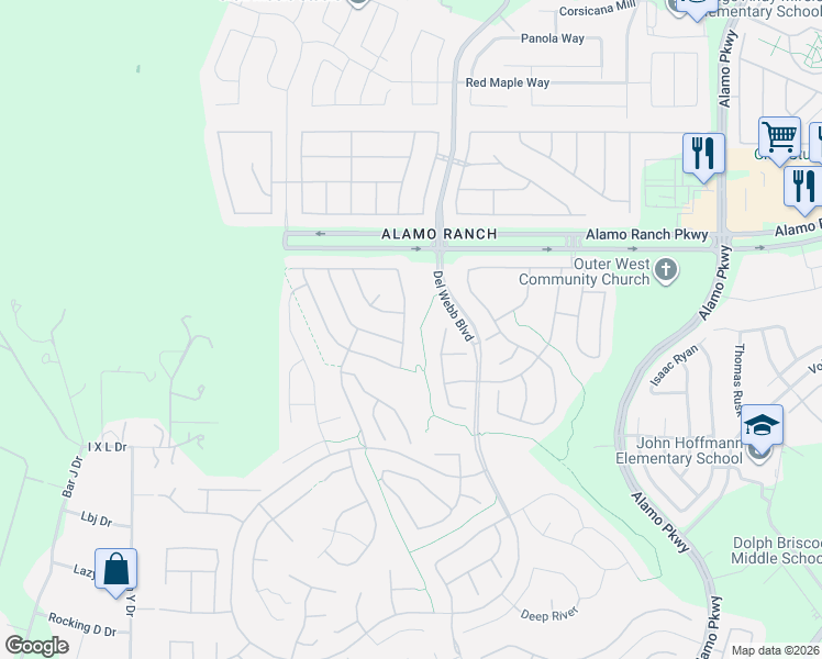 map of restaurants, bars, coffee shops, grocery stores, and more near 12707 Cedar Fly in San Antonio