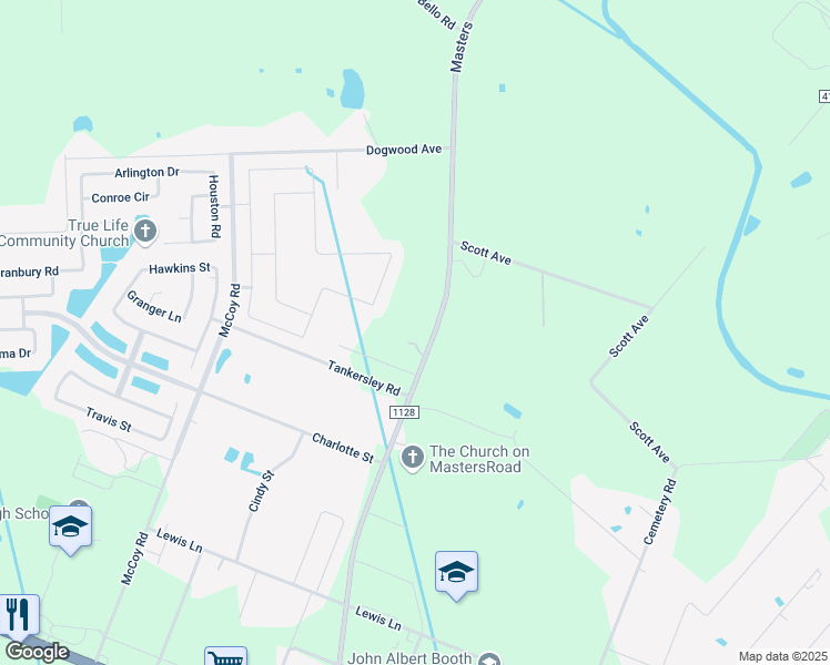 map of restaurants, bars, coffee shops, grocery stores, and more near 6522 Masters Road in Manvel