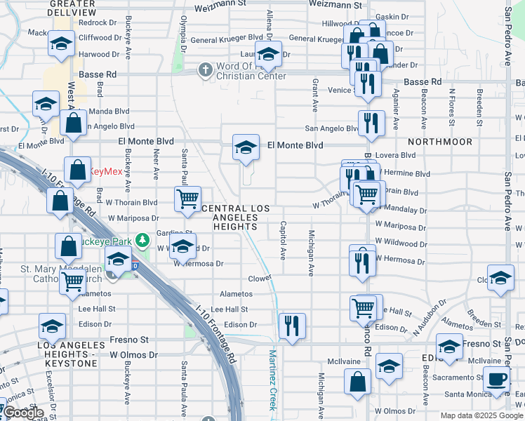 map of restaurants, bars, coffee shops, grocery stores, and more near 1119 West Mariposa Drive in San Antonio