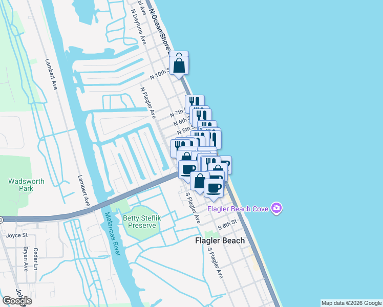 map of restaurants, bars, coffee shops, grocery stores, and more near 200 Moody Boulevard in Flagler Beach