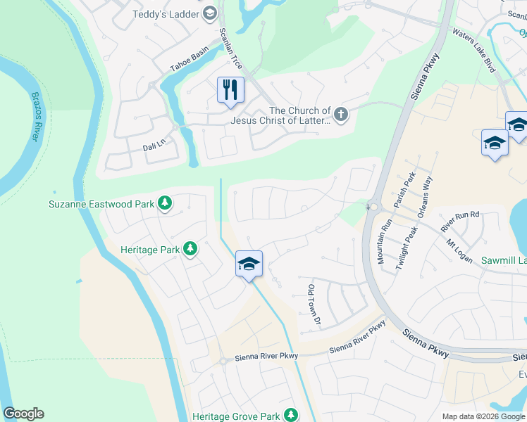 map of restaurants, bars, coffee shops, grocery stores, and more near 9302 San Marco Drive in Missouri City