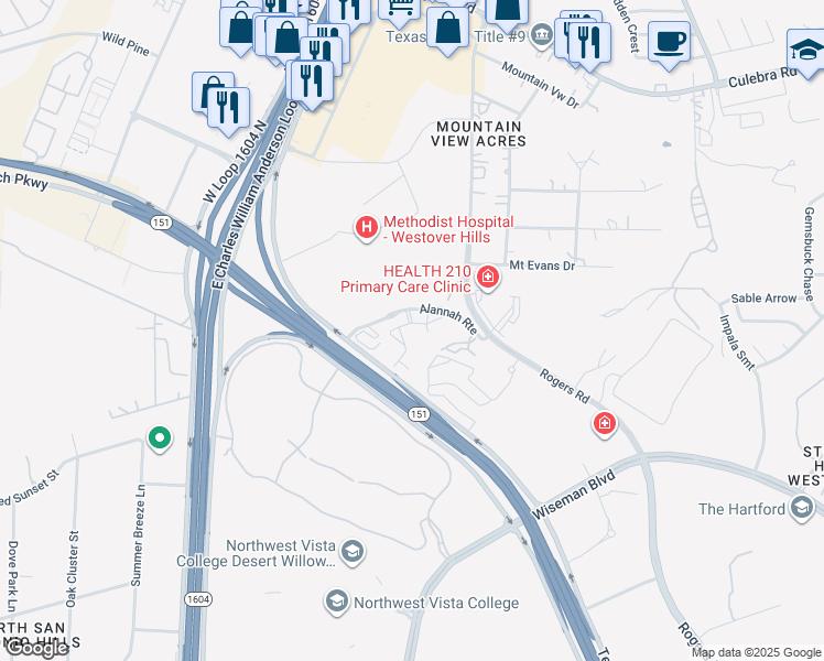 map of restaurants, bars, coffee shops, grocery stores, and more near 12105 Texas 151 in San Antonio
