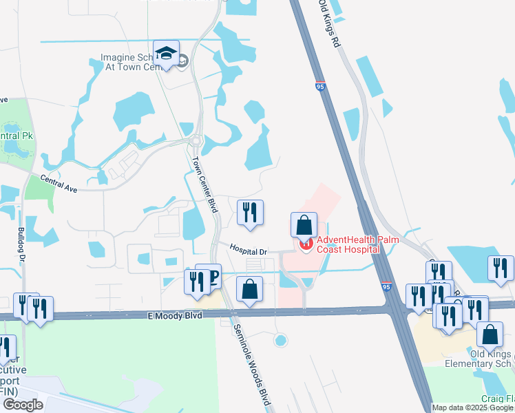 map of restaurants, bars, coffee shops, grocery stores, and more near 50 Town Court in Palm Coast