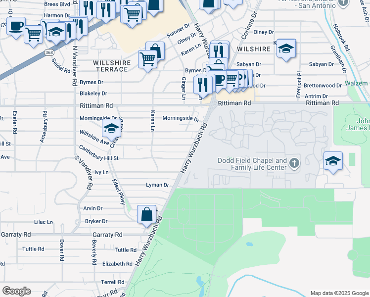 map of restaurants, bars, coffee shops, grocery stores, and more near 1029 Canterbury Hill Street in San Antonio