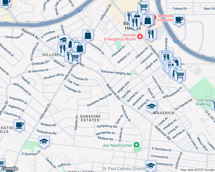 map of restaurants, bars, coffee shops, grocery stores, and more near 900 Babcock Road in San Antonio