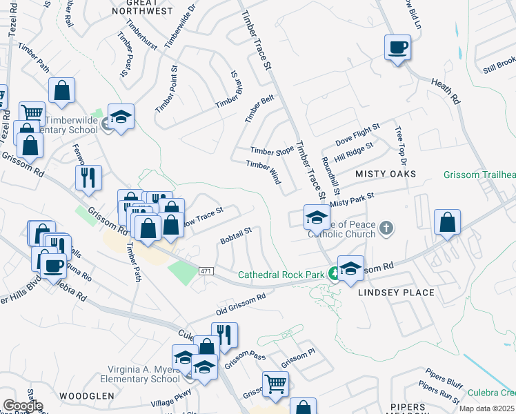 map of restaurants, bars, coffee shops, grocery stores, and more near 8810 Meadow Range Street in San Antonio