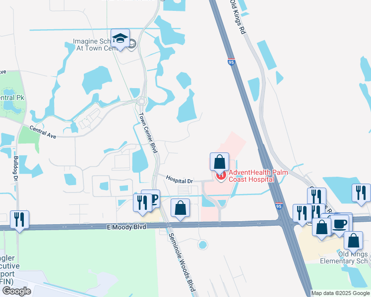 map of restaurants, bars, coffee shops, grocery stores, and more near 50 Town Court in Palm Coast