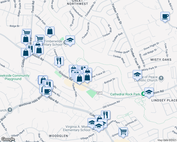 map of restaurants, bars, coffee shops, grocery stores, and more near 5276 Meadow Rise Street in San Antonio