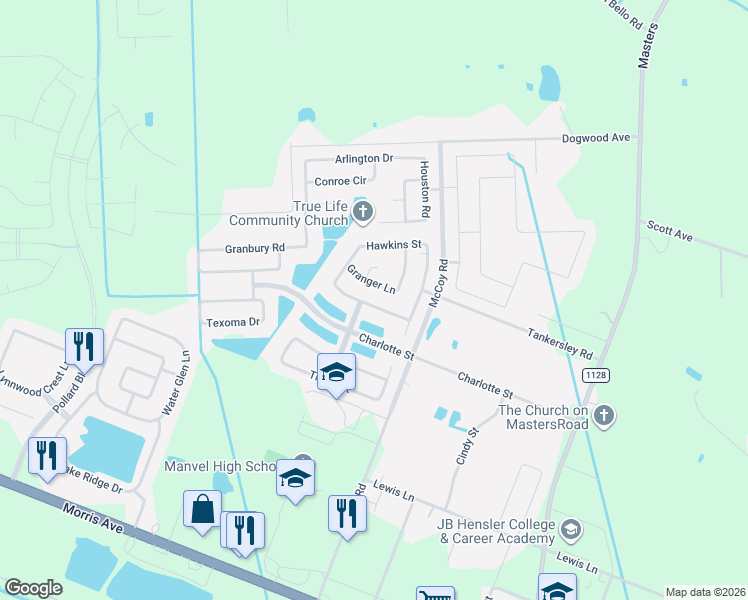 map of restaurants, bars, coffee shops, grocery stores, and more near 6802 Davy Crockett Drive in Manvel