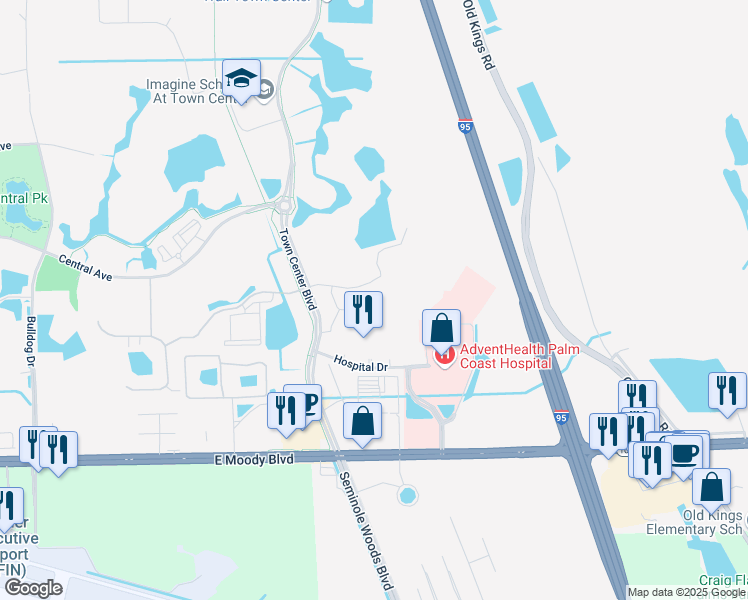 map of restaurants, bars, coffee shops, grocery stores, and more near 50 Town Court in Palm Coast