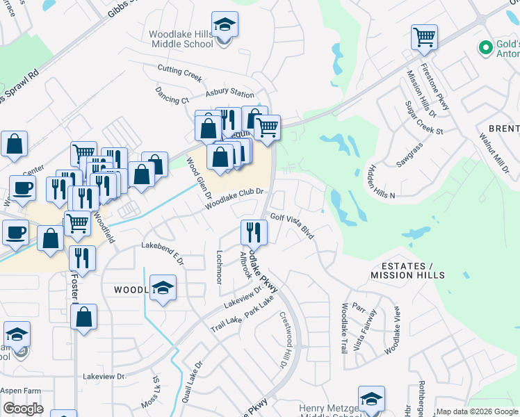 map of restaurants, bars, coffee shops, grocery stores, and more near 6000 Woodlake Parkway in San Antonio