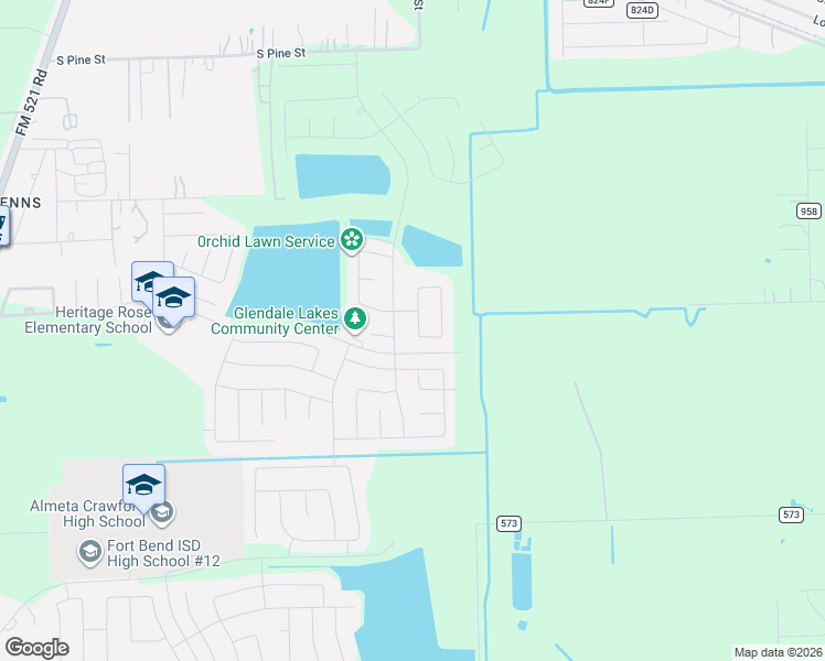 map of restaurants, bars, coffee shops, grocery stores, and more near 636 Glendale Lakes Drive in Rosharon