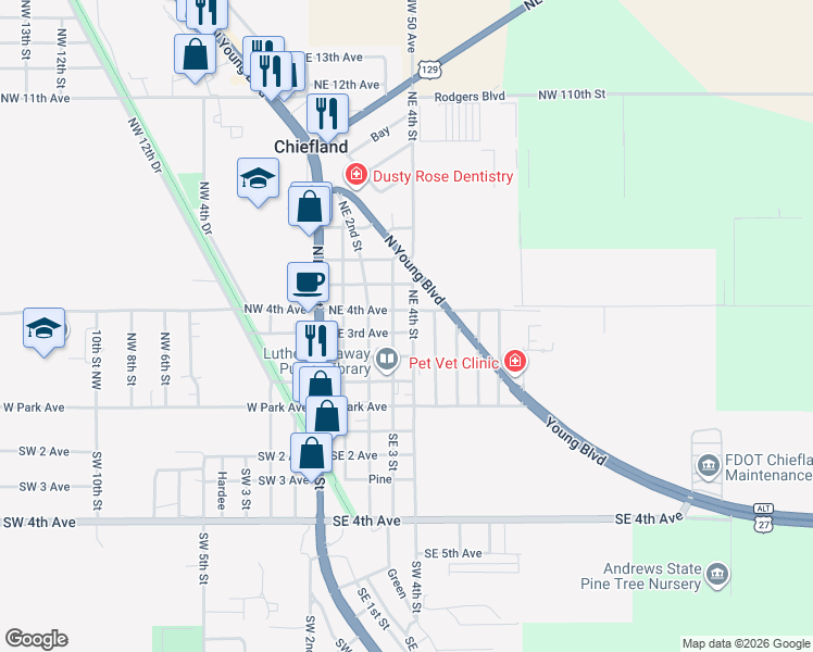 map of restaurants, bars, coffee shops, grocery stores, and more near 227 Northeast 4th Avenue in Trenton