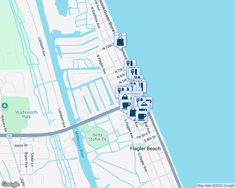 map of restaurants, bars, coffee shops, grocery stores, and more near 319 3rd Street North in Flagler Beach