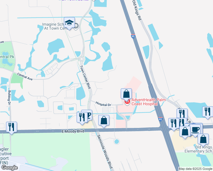 map of restaurants, bars, coffee shops, grocery stores, and more near 50 Town Court in Palm Coast