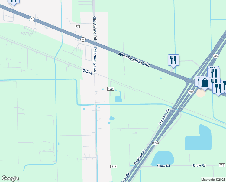 map of restaurants, bars, coffee shops, grocery stores, and more near 4104C County Road 190 in Rosharon