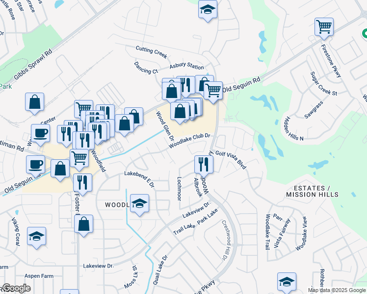 map of restaurants, bars, coffee shops, grocery stores, and more near 6980 Woodlake Club Drive in San Antonio