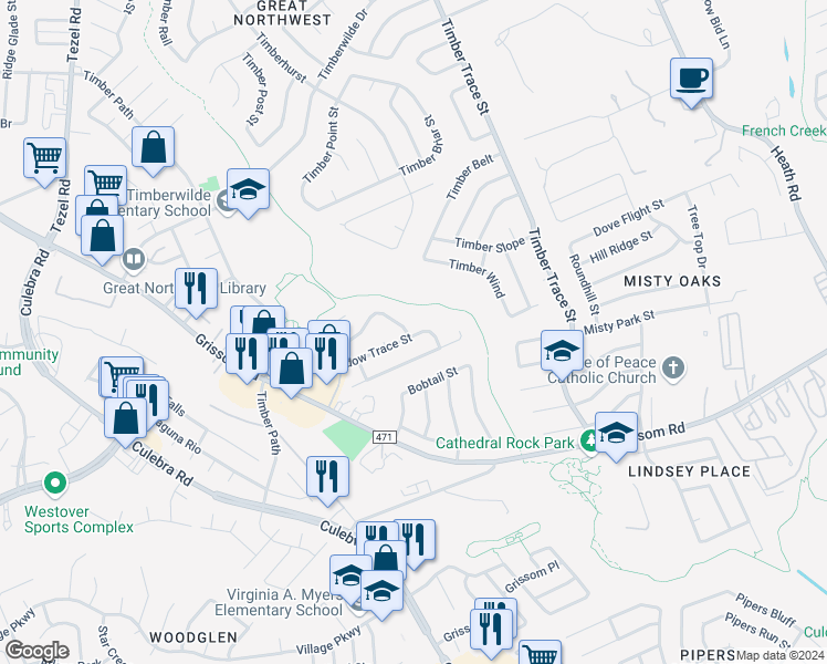 map of restaurants, bars, coffee shops, grocery stores, and more near 8833 Meadow Range Street in San Antonio