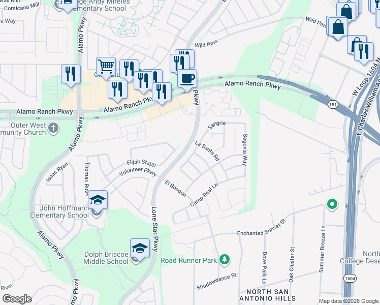 map of restaurants, bars, coffee shops, grocery stores, and more near 4831 Palma Nova Street in San Antonio