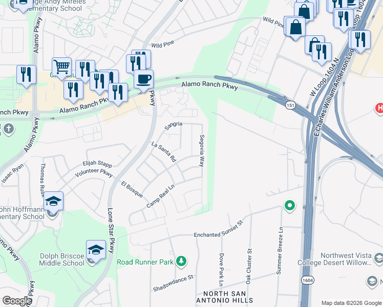 map of restaurants, bars, coffee shops, grocery stores, and more near 5027 Italica Road in San Antonio