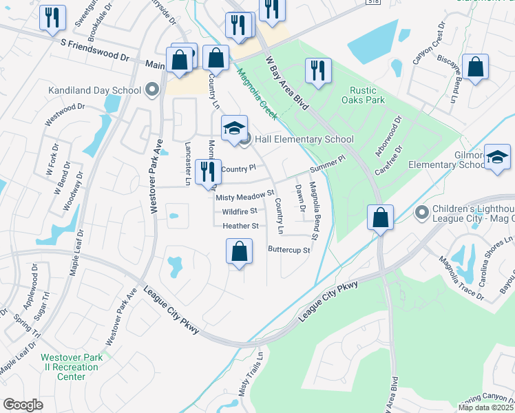 map of restaurants, bars, coffee shops, grocery stores, and more near 5812 Wildfire Street in League City