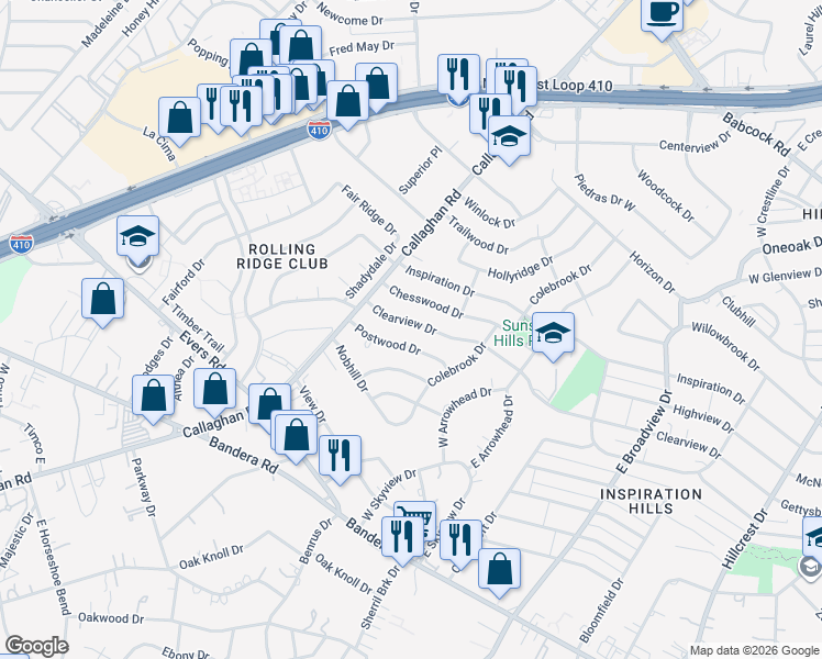 map of restaurants, bars, coffee shops, grocery stores, and more near 138 Postwood Drive in San Antonio