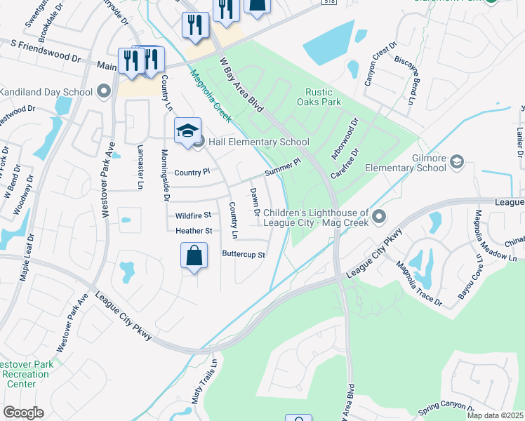 map of restaurants, bars, coffee shops, grocery stores, and more near 5610 Lone Star Court in League City