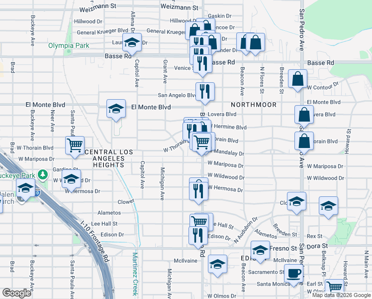 map of restaurants, bars, coffee shops, grocery stores, and more near 3518 Grant Avenue in San Antonio
