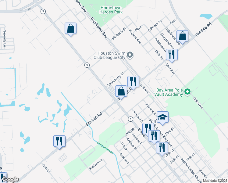 map of restaurants, bars, coffee shops, grocery stores, and more near 4 Texas 3 in Dickinson