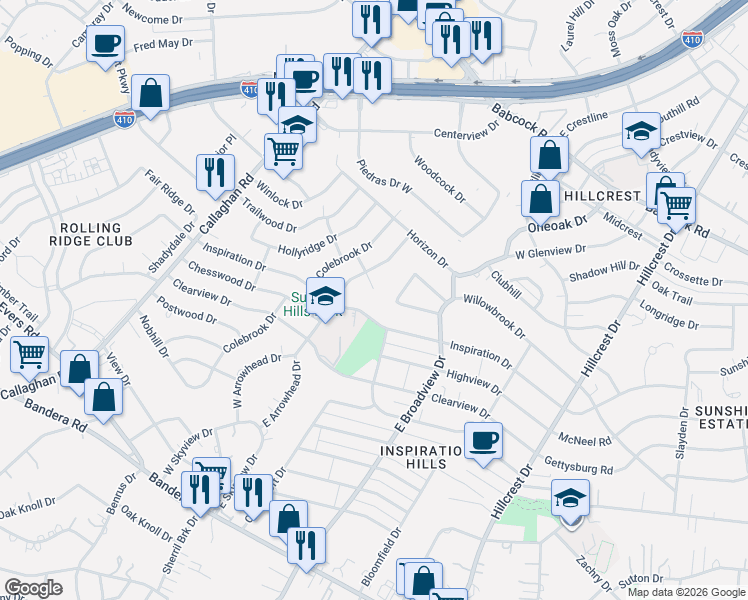 map of restaurants, bars, coffee shops, grocery stores, and more near 411 Inspiration Drive in San Antonio
