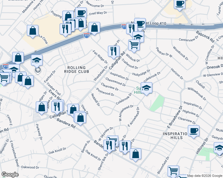 map of restaurants, bars, coffee shops, grocery stores, and more near 138 Postwood Drive in San Antonio