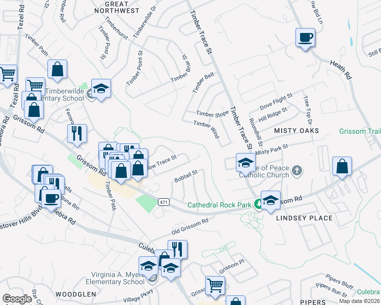 map of restaurants, bars, coffee shops, grocery stores, and more near 8810 Meadow Range Street in San Antonio