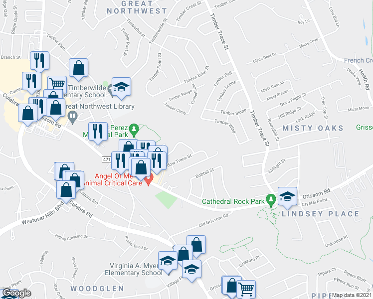 map of restaurants, bars, coffee shops, grocery stores, and more near 5203 Meadow Pond in San Antonio