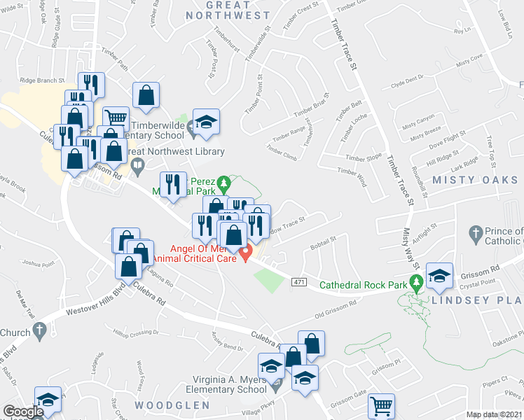 map of restaurants, bars, coffee shops, grocery stores, and more near 5276 Meadow Rise Street in San Antonio