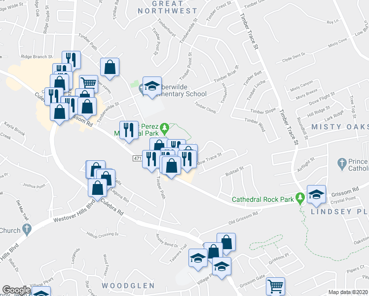 map of restaurants, bars, coffee shops, grocery stores, and more near 5236 Meadow Field in San Antonio