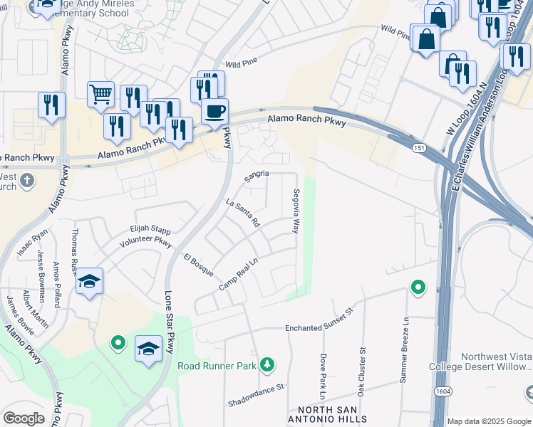 map of restaurants, bars, coffee shops, grocery stores, and more near 11610 Belicena Road in San Antonio