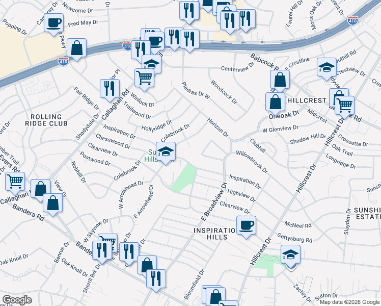 map of restaurants, bars, coffee shops, grocery stores, and more near 411 Inspiration Drive in San Antonio