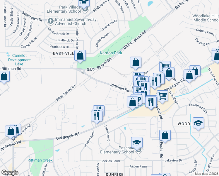 map of restaurants, bars, coffee shops, grocery stores, and more near 6333 Rittiman Road in San Antonio