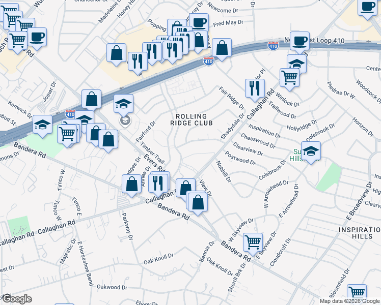 map of restaurants, bars, coffee shops, grocery stores, and more near 5025 Concord Ridge in San Antonio
