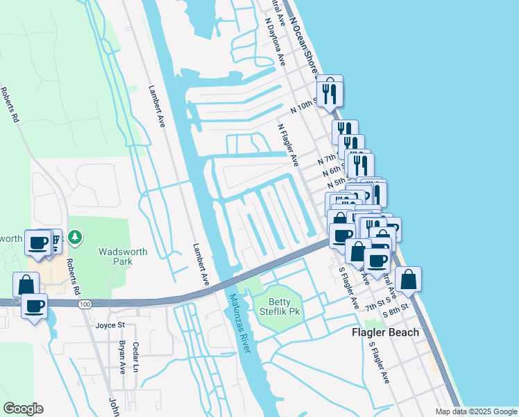 map of restaurants, bars, coffee shops, grocery stores, and more near 143 Lantana Avenue in Flagler Beach