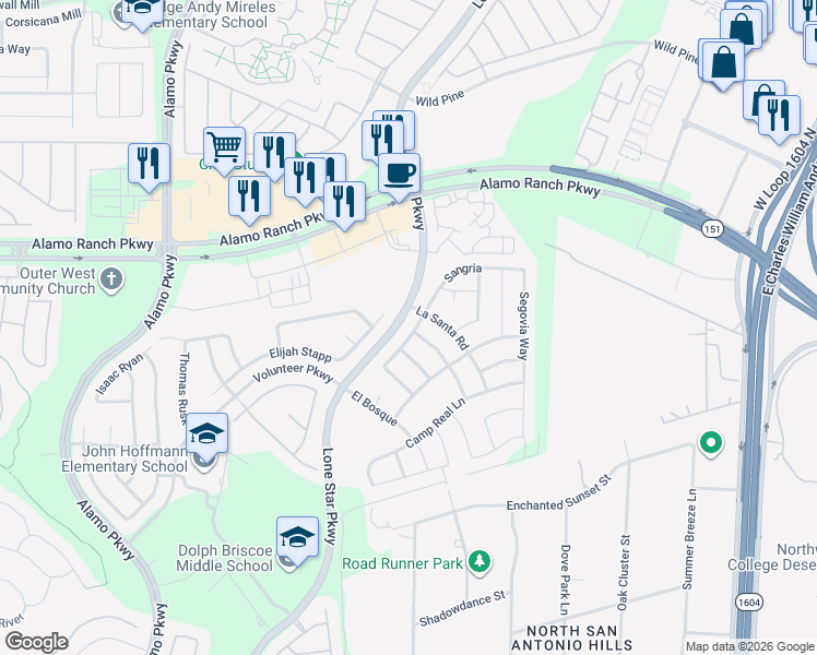 map of restaurants, bars, coffee shops, grocery stores, and more near 4831 Palma Nova Street in San Antonio