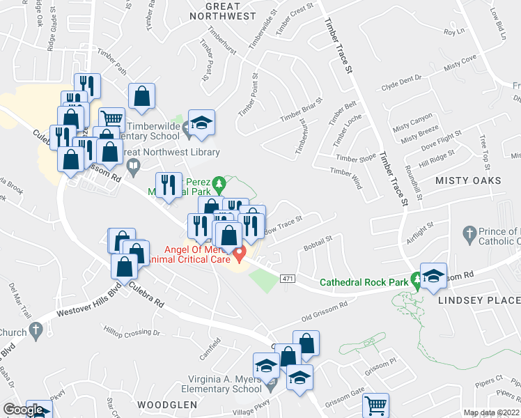map of restaurants, bars, coffee shops, grocery stores, and more near 5213 Meadow Field in San Antonio