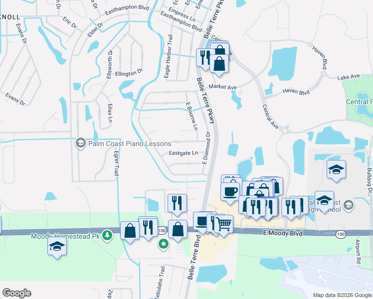 map of restaurants, bars, coffee shops, grocery stores, and more near 17 Eastgate Lane in Palm Coast
