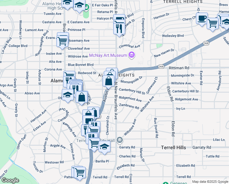 map of restaurants, bars, coffee shops, grocery stores, and more near 340 Montclair Avenue in Alamo Heights