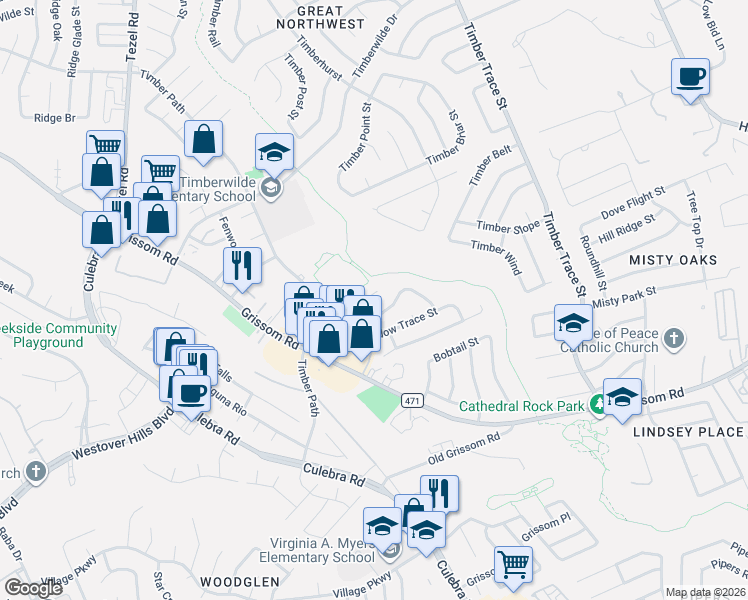 map of restaurants, bars, coffee shops, grocery stores, and more near 5276 Meadow Rise Street in San Antonio